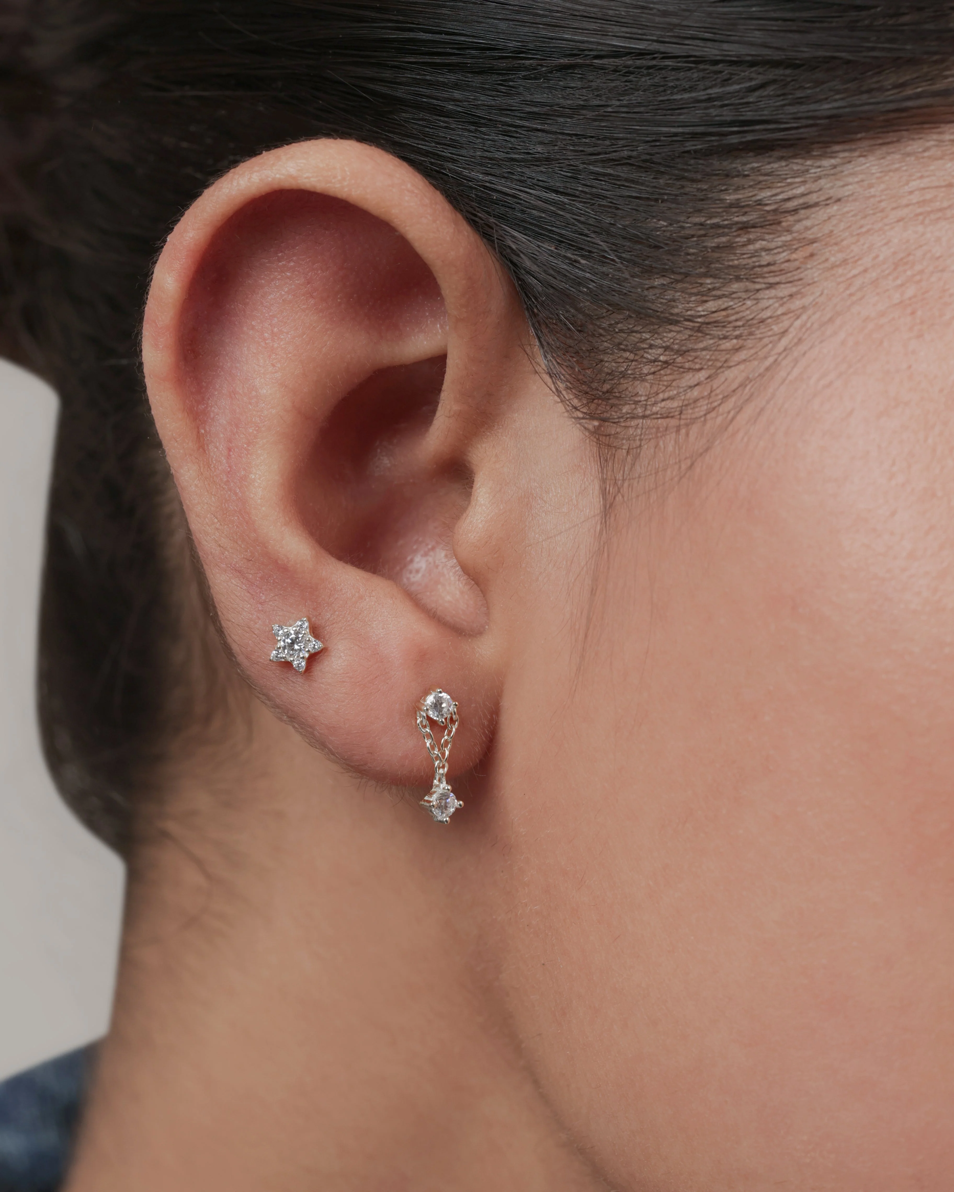 Zirconia Duo Chain Drop Flat Back Stud Earrings - Image 2